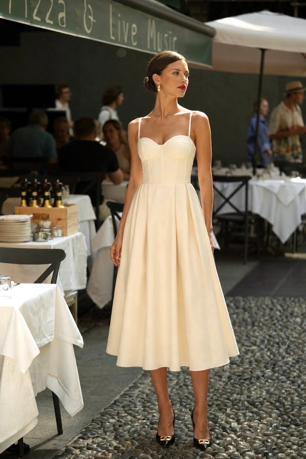 corset cream dress Vintage Style Cream Satin Corset Dress: Strapless Frilly Lace