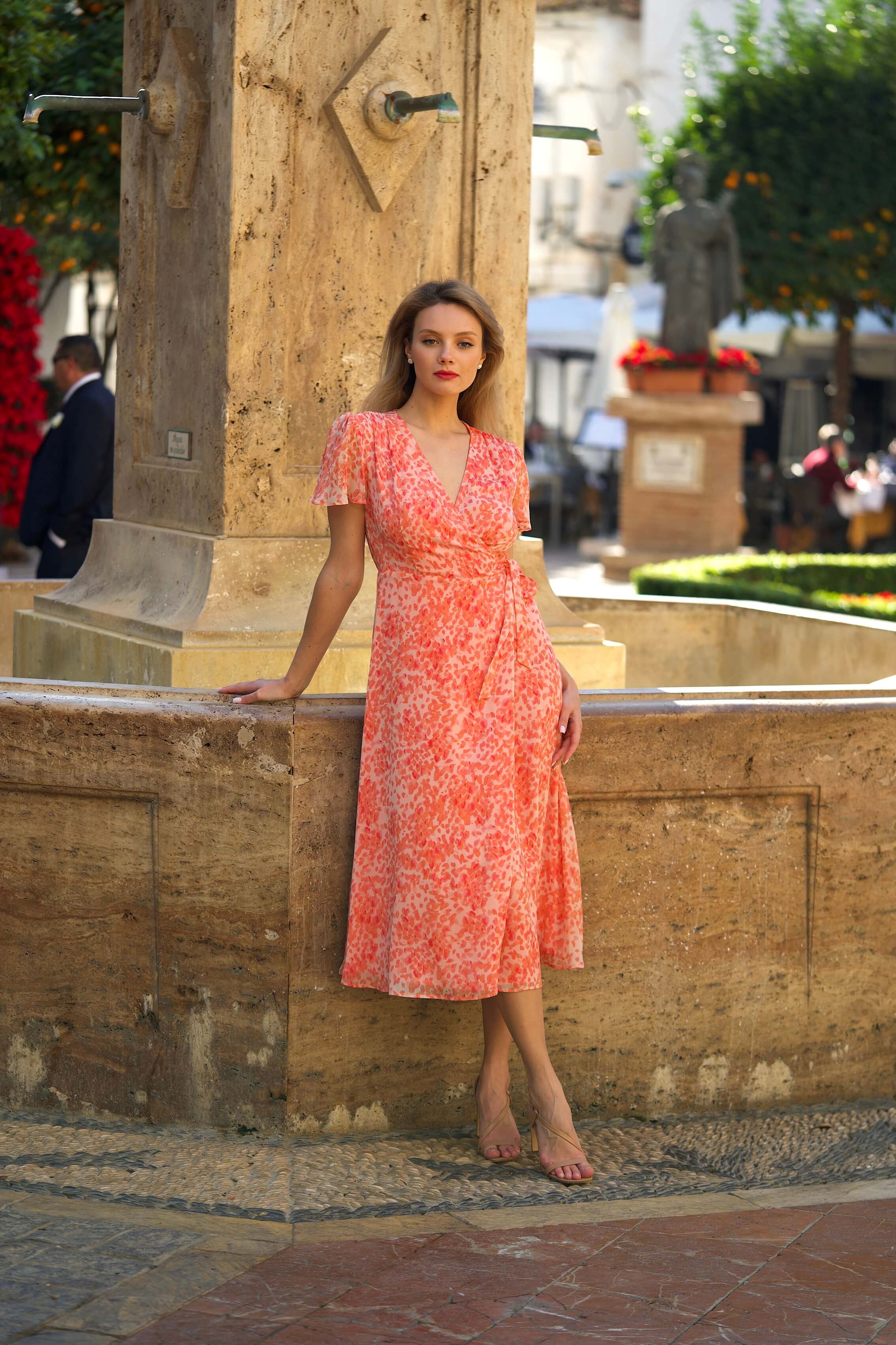 Orange silk shops wrap dress