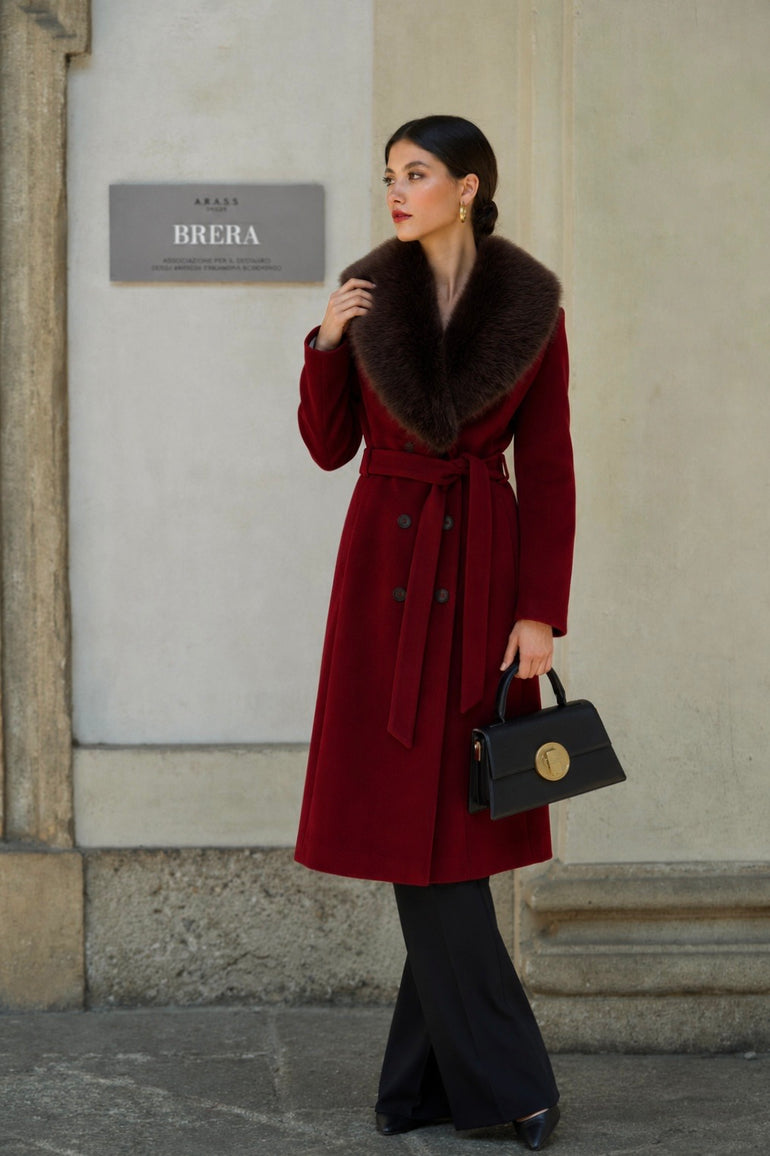 Bordeaux wool coat with removable faux fur to wear over a gown