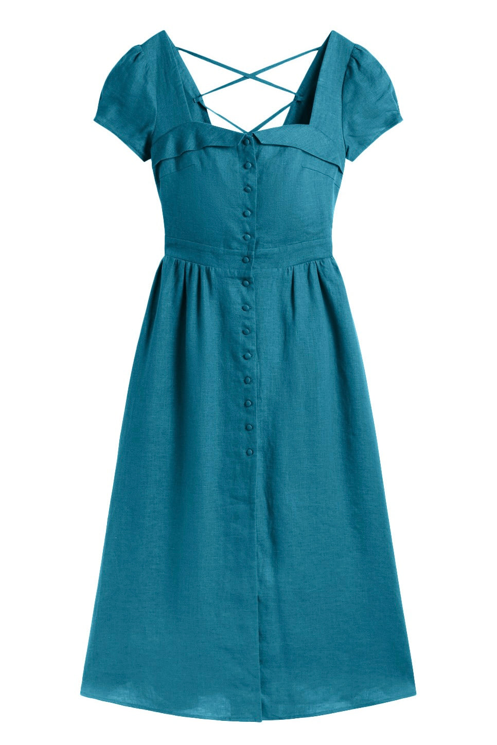 Gala Estelle Button Down Dress Bright Turquoise Linen Midi Sustainable Square Neckline Short Sleeve Adjustable Lace Up Back Gala Estelle Button Down Dress Bright Turquoise Linen Midi Sustainable Square Neckline Short Sleeve Adjustable Lace Up Back