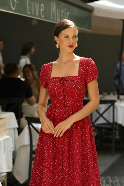 Gaâla Estelle Button Down Dress Red Hearts Midi Cotton Silhouette Capped Sleeves Adjustable Lace Up Back Cinched Waist XS