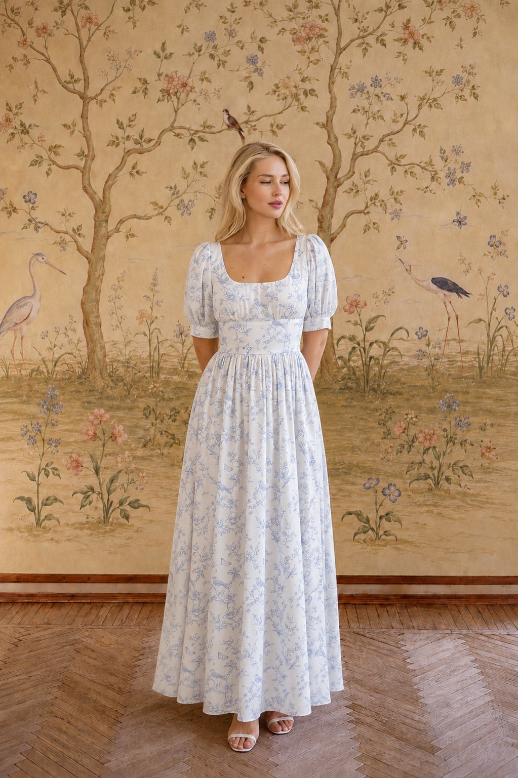 Lacey Maxi Dress Dresses Gaâla Blue Toile de Jouy Birds XXS Made-to-order