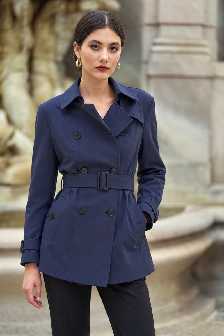 Navy short cotton trench coat for fall
