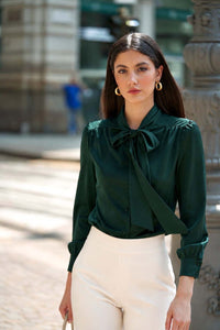 Lena Silk Bow Blouse Blouses Gaâla Deep green XXS In stock