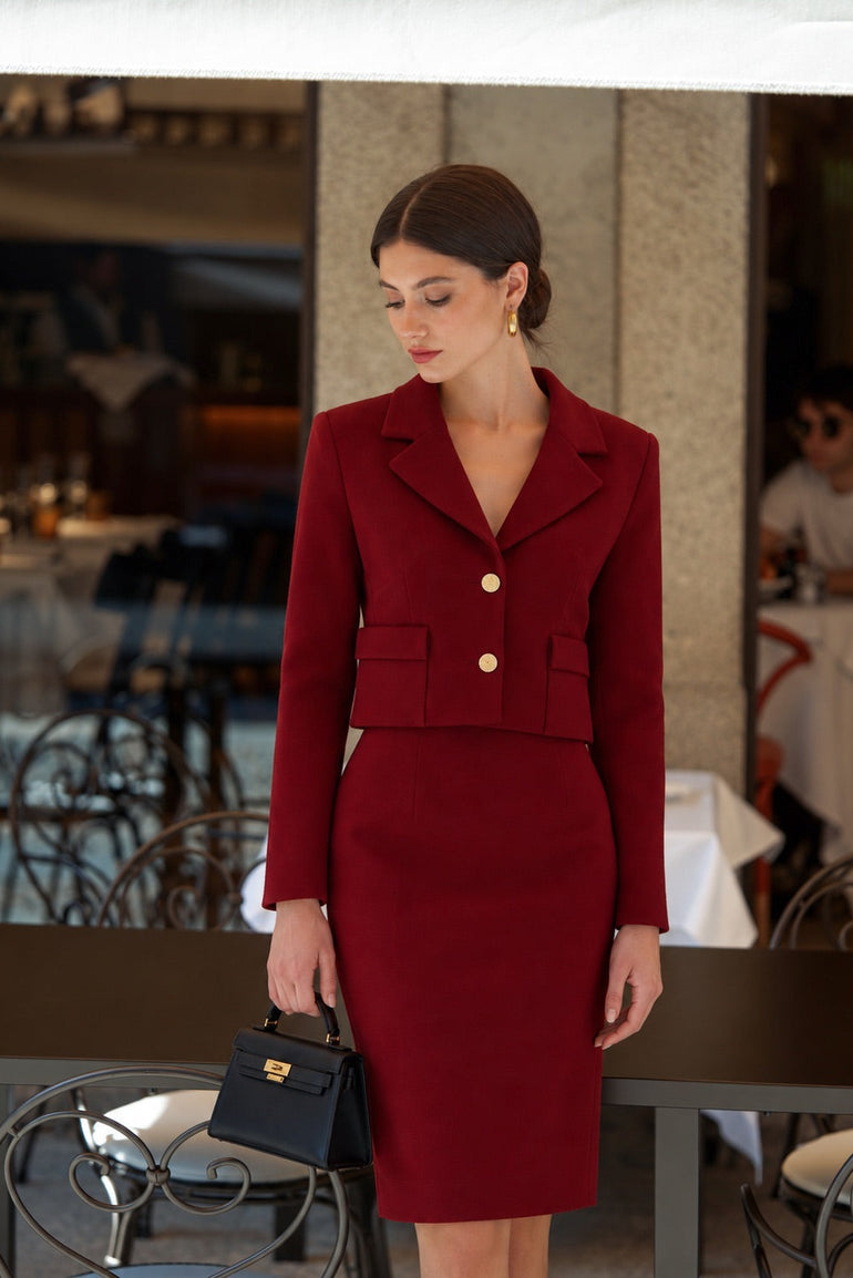Bordeaux wool jacket and midi skirt two-piece set