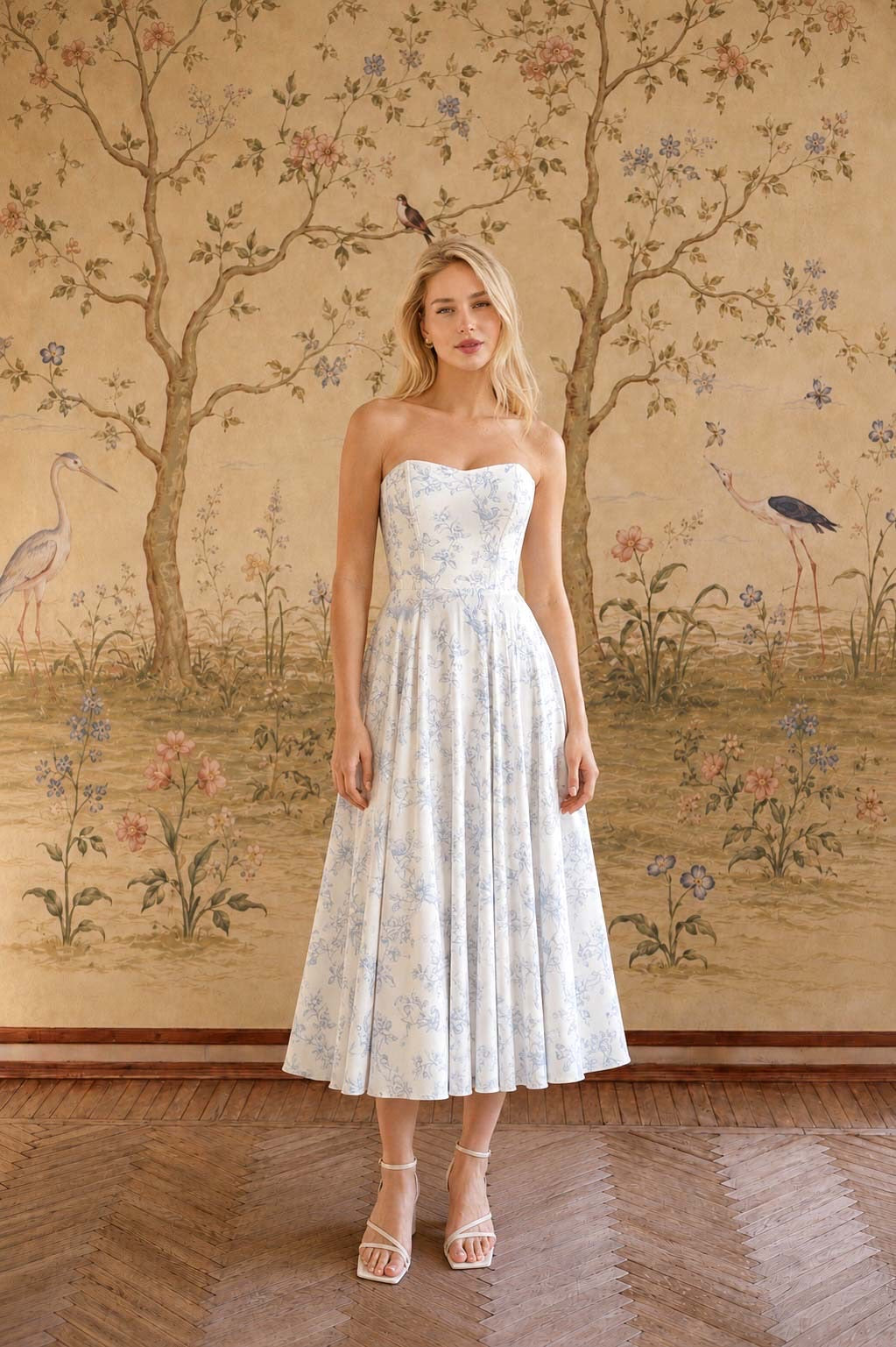 Priscilla Midi Dress Dresses Gaâla Blue Toile de Jouy Birds XXS Made-to-order