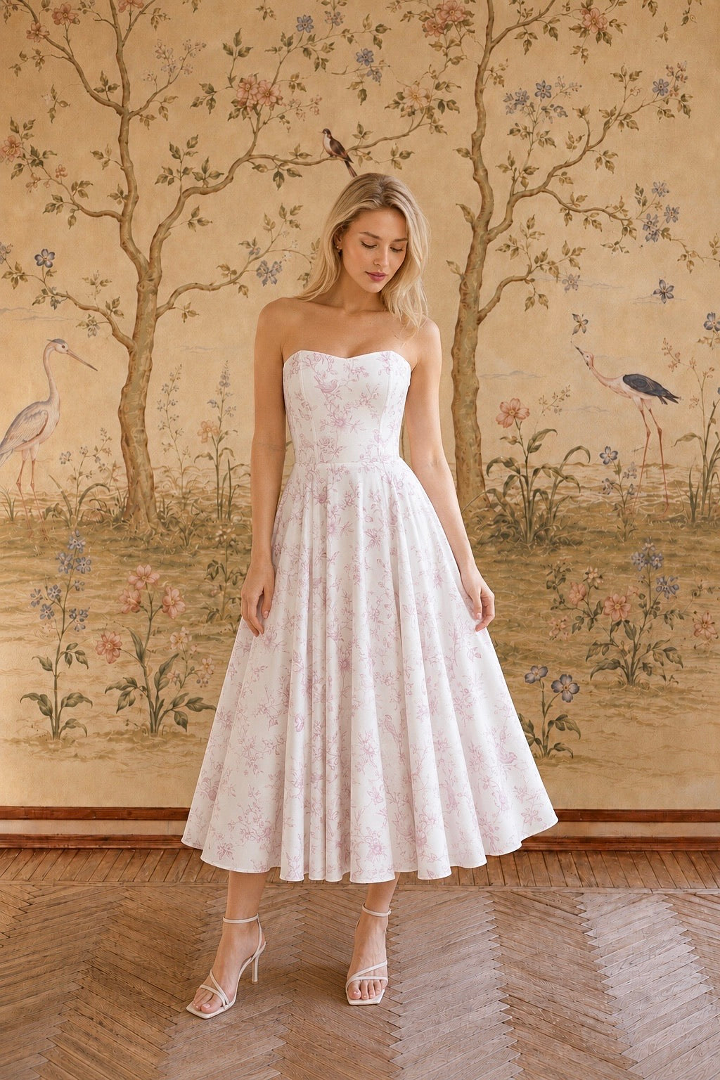 Priscilla Midi Dress Dresses Gaâla Lavender Toile de Jouy Birds XXS Made-to-order