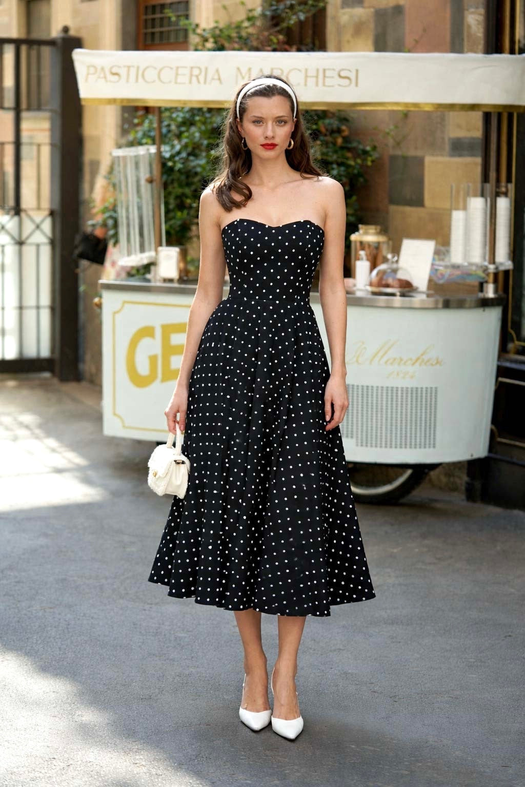 Gaâla Priscilla Black Polka Dot Midi Dress, Strapless Corset Bodice Sustainable Rayon Evening Gown, Chic Adjustable Fit XS