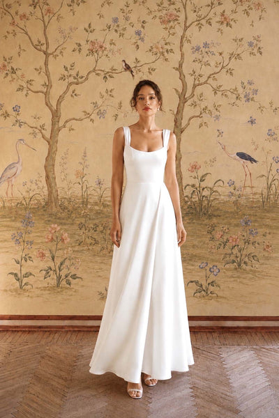 Gaâla White Suzanne Maxi Dress Square Neckline Upcycled Triacetate Tailored Waist Full Skirt Elegant Evening Formal Gown