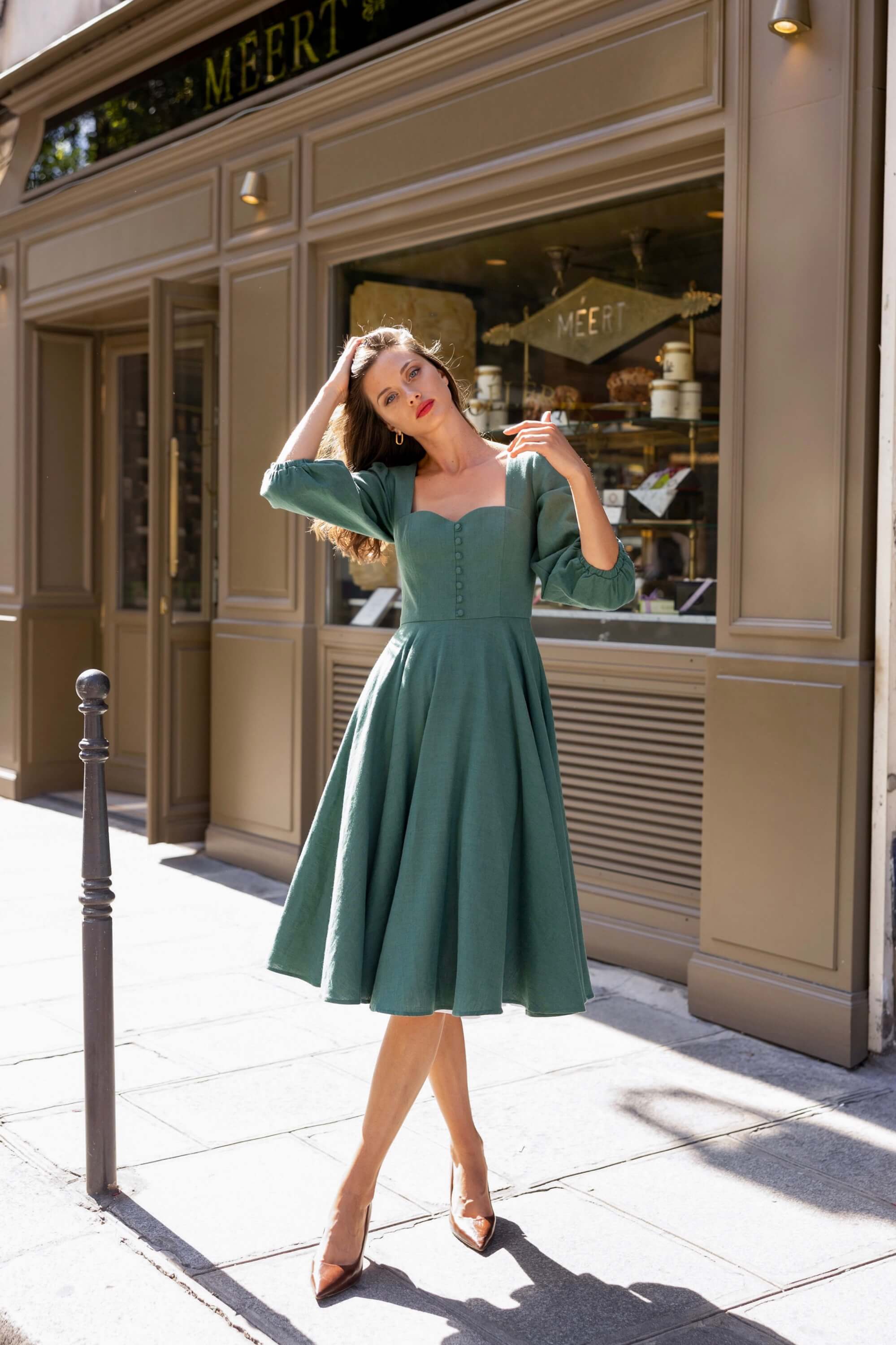 Green Brigitte Bardot Inspired Linen Dress Bardetta Green Brigitte Bardot Inspired Linen Dress Bardetta