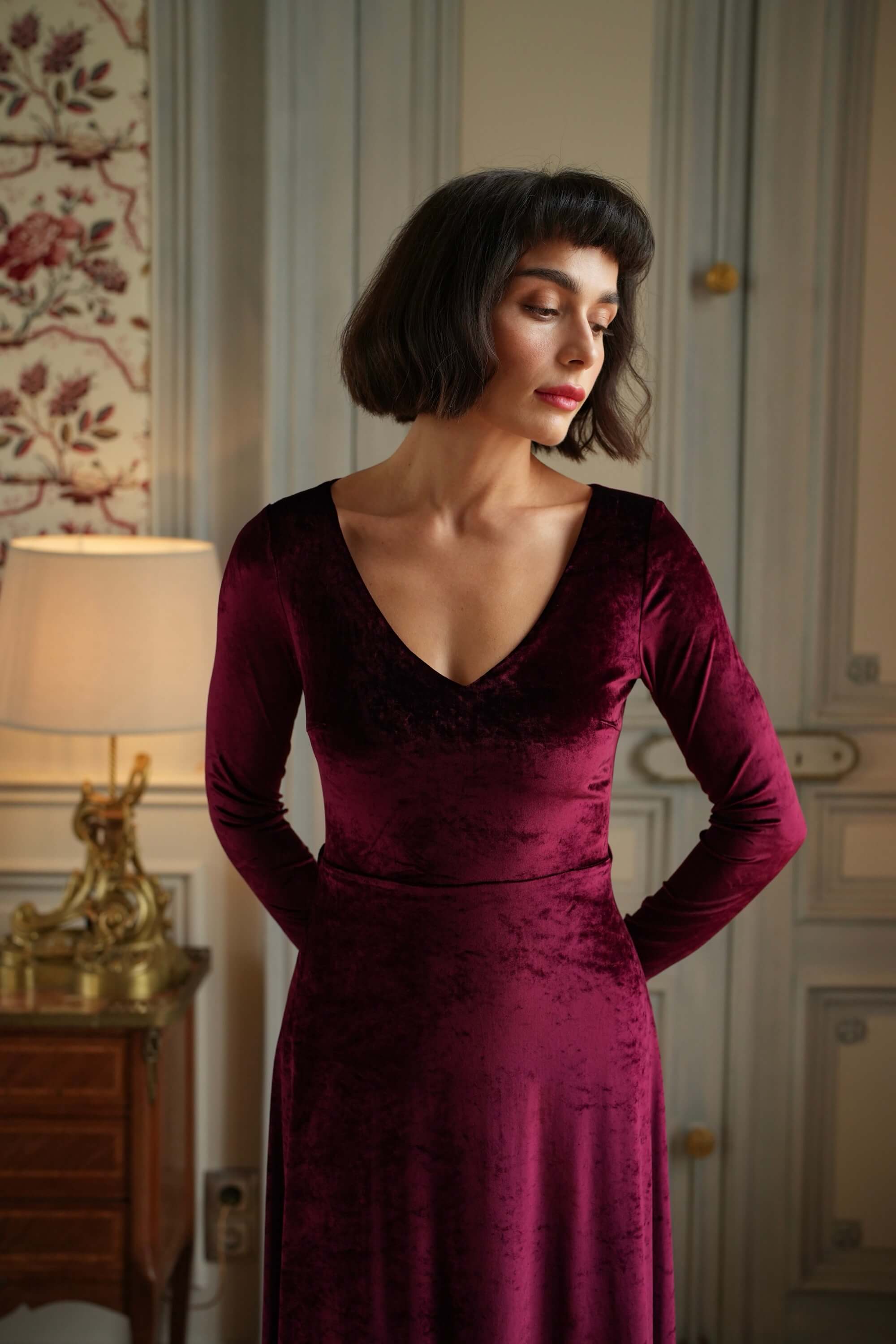 Burgundy Velvet Dress Long Sleeve | Dress for Xmas Eve Gala Burgundy Velvet Dress Long Sleeve | Dress for Xmas Eve Gala