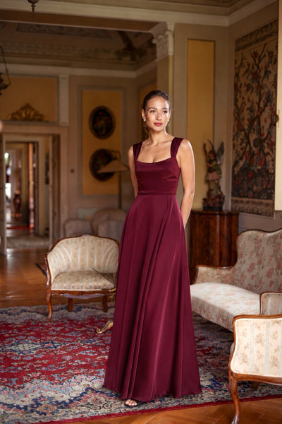 Gaâla Bordeaux Suzanne Maxi Dress Square Neckline Full Skirt Tailored Waist Sophisticated Elegant Evening Formal Gown XS