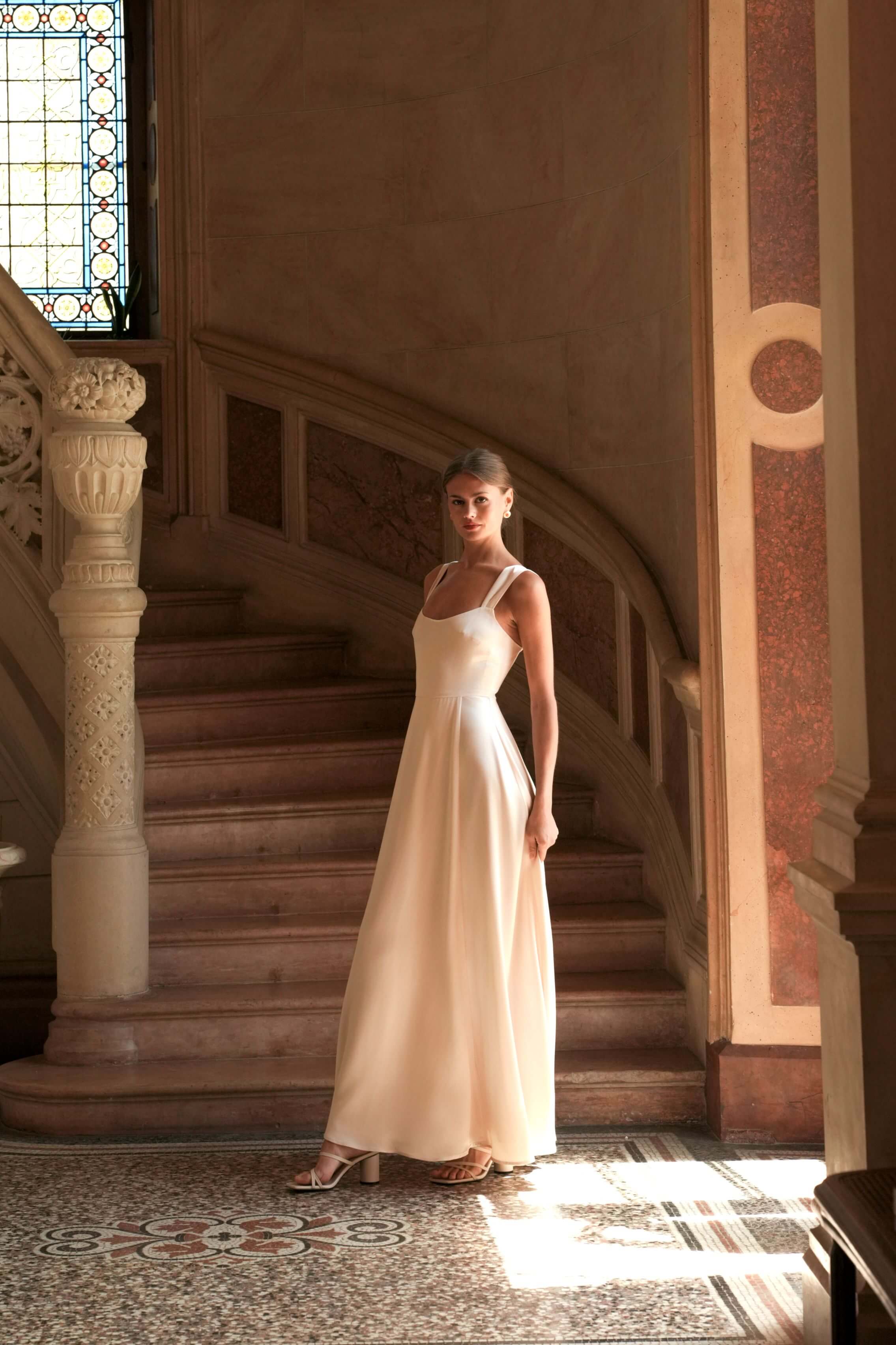 Gala Suzanne Champagne Maxi Dress Square Neckline Full Skirt Premium Upcycled Triacetate Tailored Waist Elegant Formal Gown Gala Suzanne Champagne Maxi Dress Square Neckline Full Skirt Premium Upcycled Triacetate Tailored Waist Elegant Formal Gown