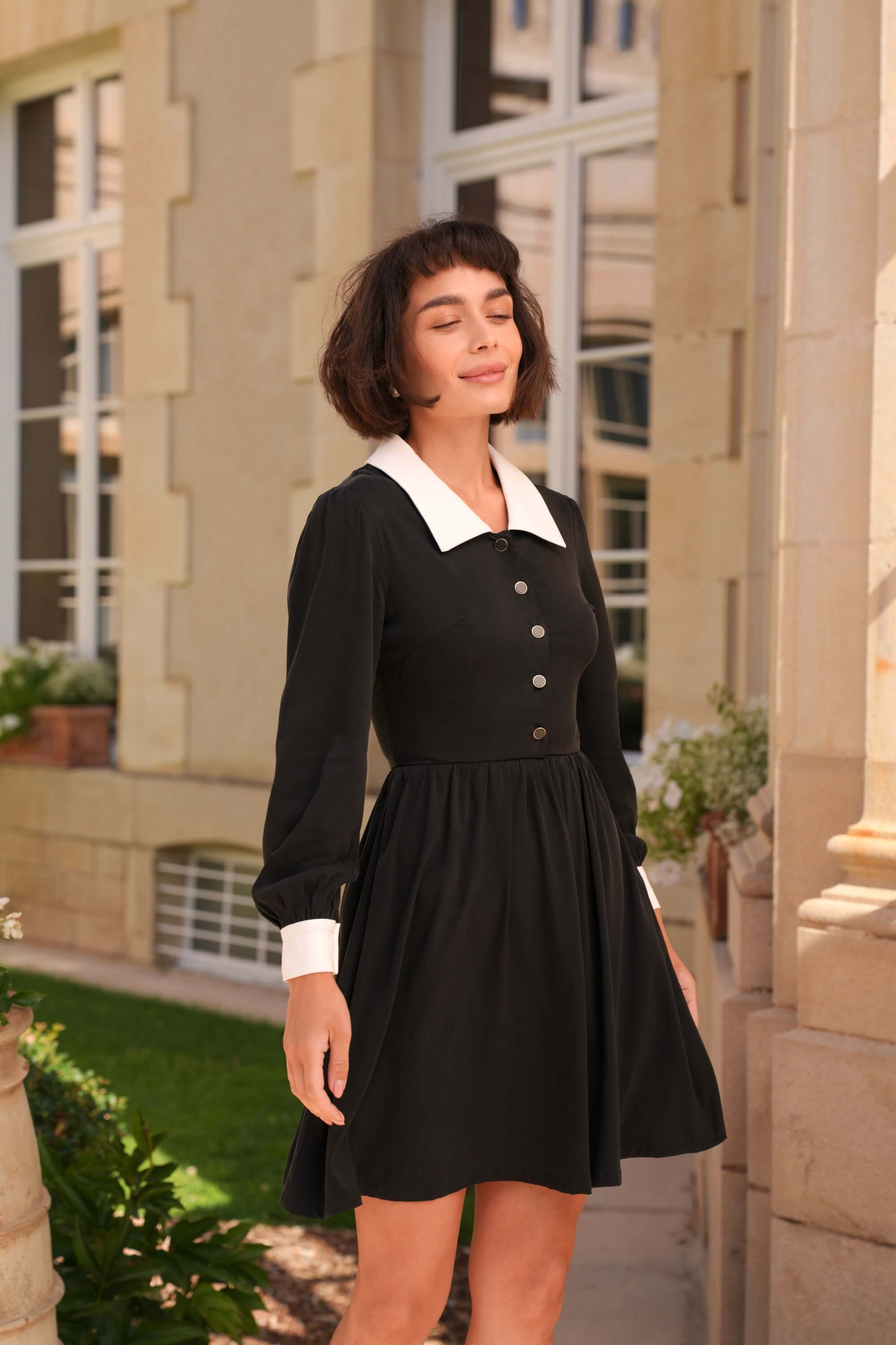 collared dresses for women Casual Women Collared 3/4 Sleeve Chest Pockets Solid Color Casual Midi Shirt Dress Features Women's Collared Dresses | Old
