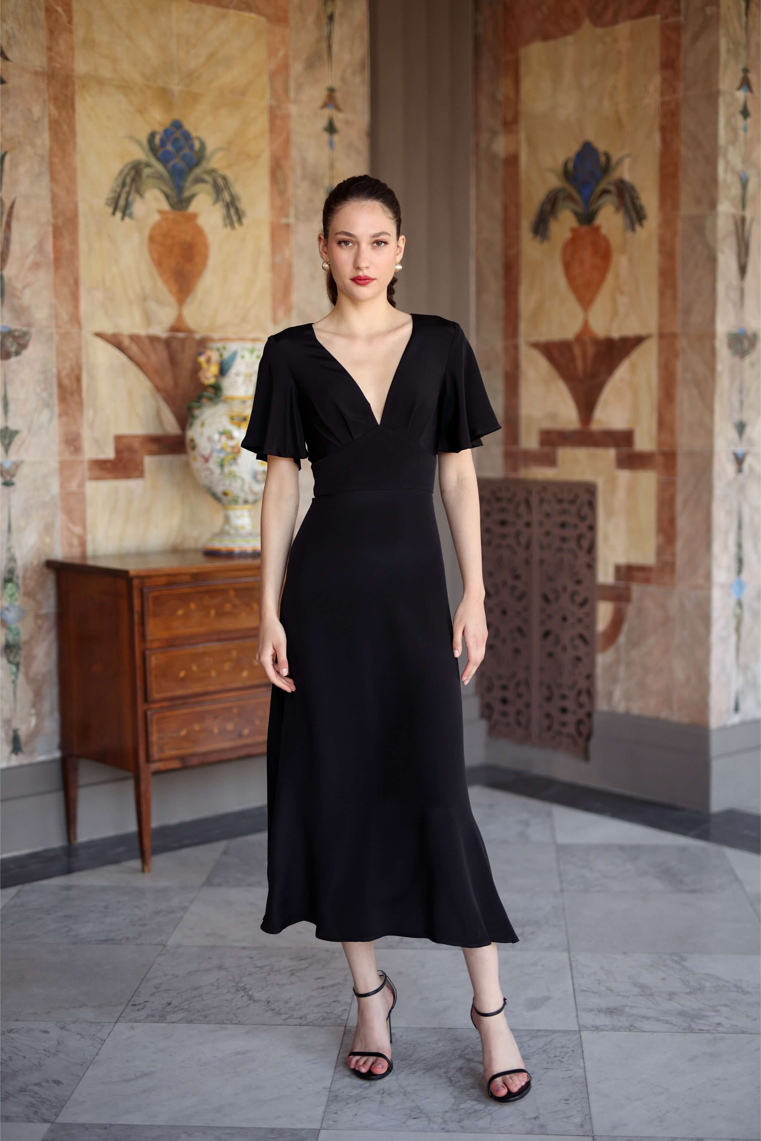 Black Silk Dress Coralie | Crafted from Upcycled Heavy Luxe Silk | Delicate Flutter Sleeves | Open-Back Cut-Out | Elegant Evening Cocktail Dress Black Silk Dress Coralie | Crafted from Upcycled Heavy Luxe Silk | Delicate Flutter Sleeves | Open-Back Cut-Out | Elegant Evening Cocktail Dress