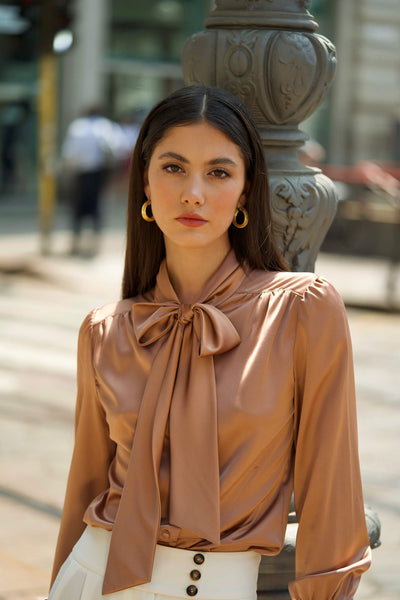 LILYSHEENA® Sophisticated Bow Tie Bronze Silk Blouse