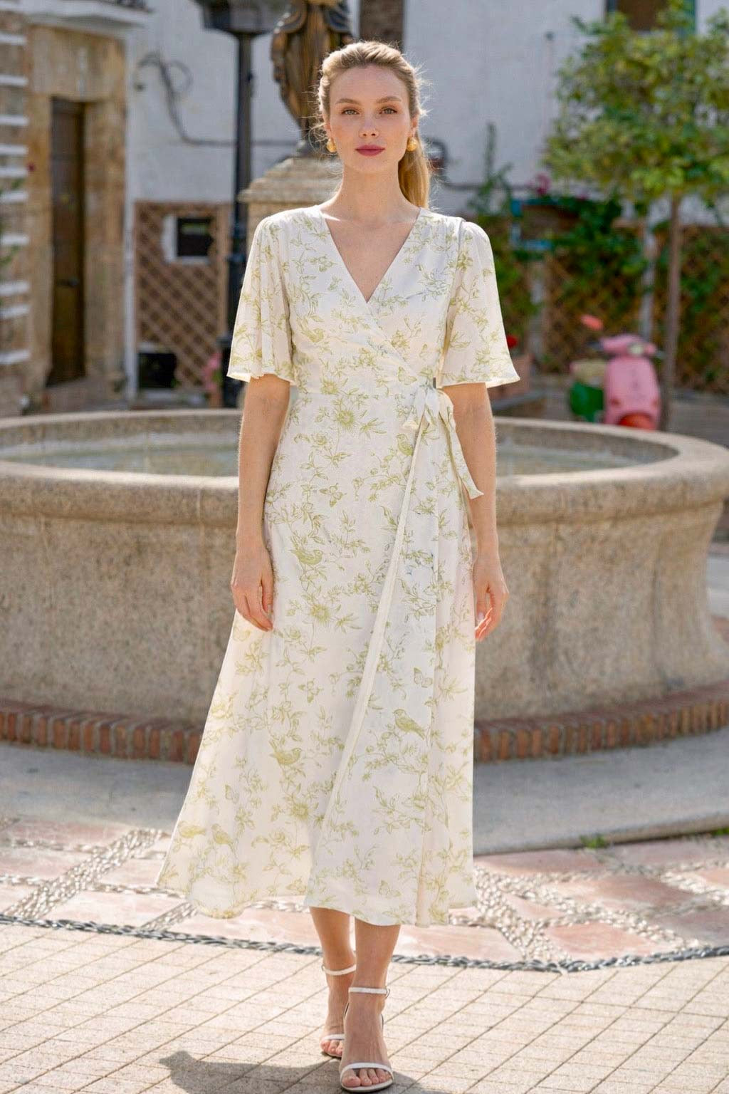 Flora Wrap Dress Dresses Gaâla Olive Toile de Jouy XXS In stock