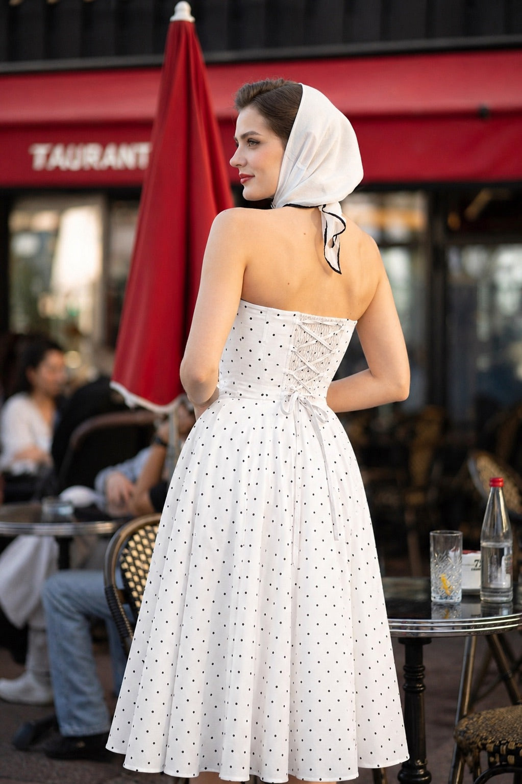 Gaâla Priscilla Black Polka Dot Strapless Midi Dress, Sustainable Rayon Corset Bodice Elegant Evening Wear, Size XS Fit