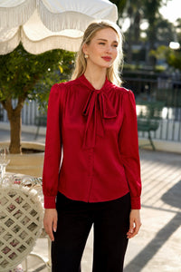 Lena Silk Bow Blouse Blouses Gaâla Red XXS Made-to-order