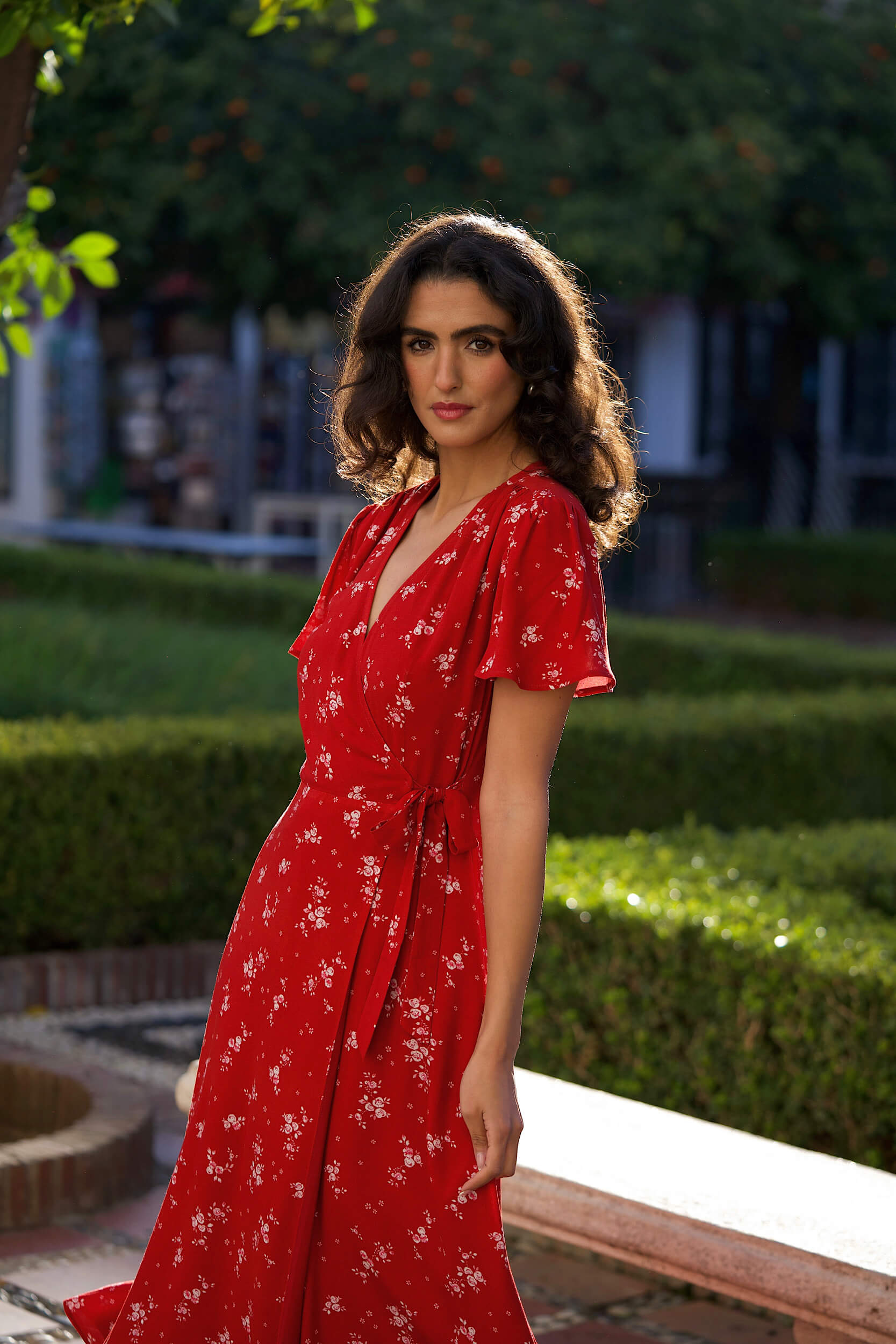 Gaâla Arlette Red White Floral Midi Wrap Dress, Elegant V-Neck Petal Sleeve Sustainable Viscose Tie Waist Artisan Summer Gown Gaâla Arlette Red White Floral Midi Wrap Dress, Elegant V-Neck Petal Sleeve Sustainable Viscose Tie Waist Artisan Summer Gown