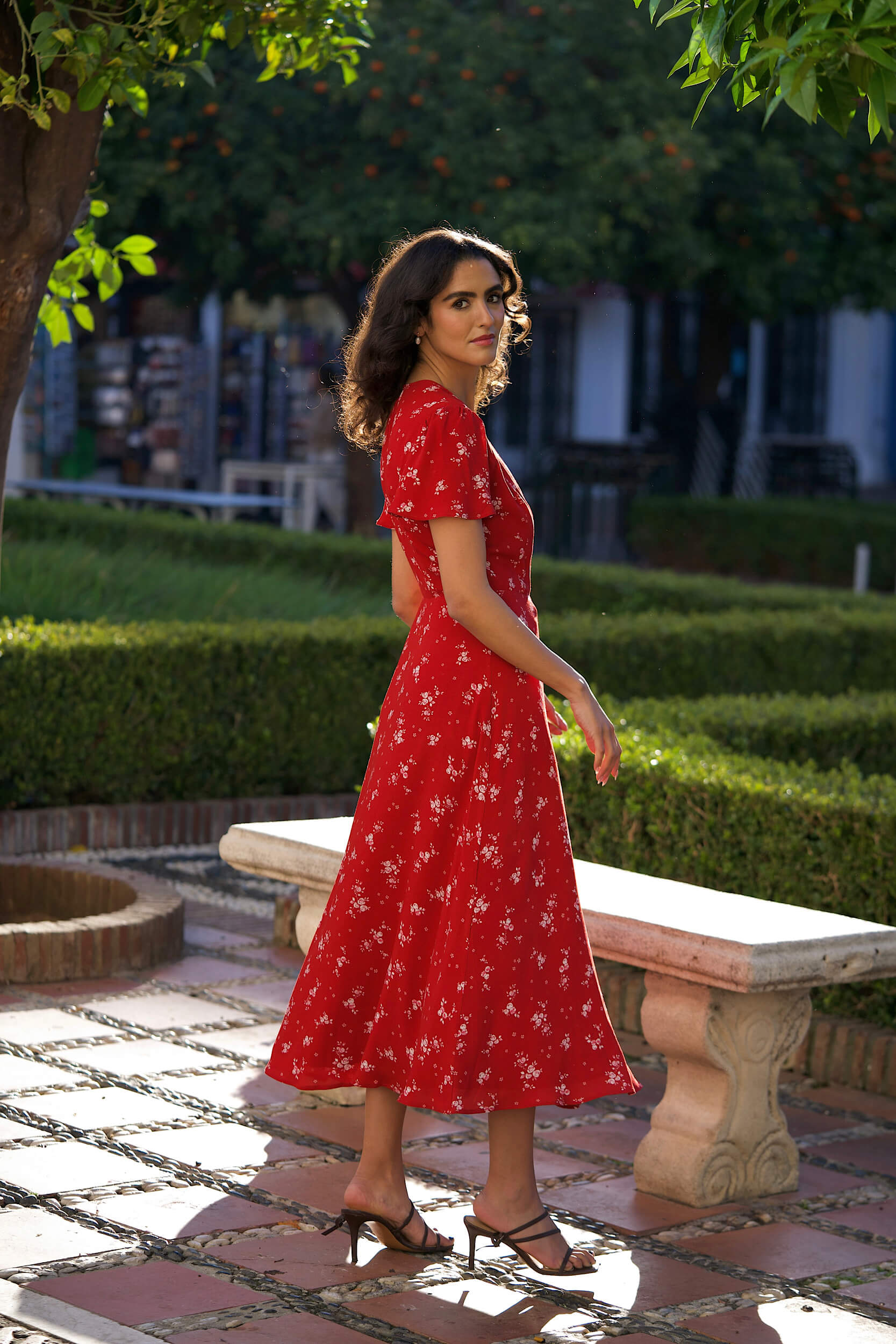 Gaâla Arlette Red White Floral Midi Wrap Dress, Elegant V-Neck Petal Sleeve Sustainable Viscose Tie Waist Artisan Summer Gown Gaâla Arlette Red White Floral Midi Wrap Dress, Elegant V-Neck Petal Sleeve Sustainable Viscose Tie Waist Artisan Summer Gown