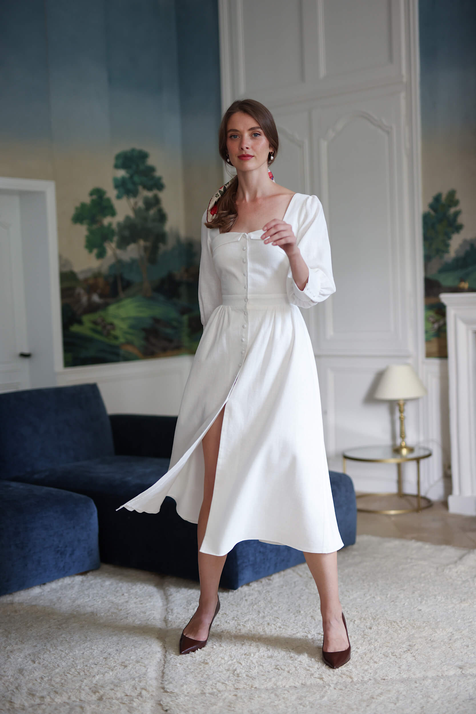 White linen dress long orders sleeve