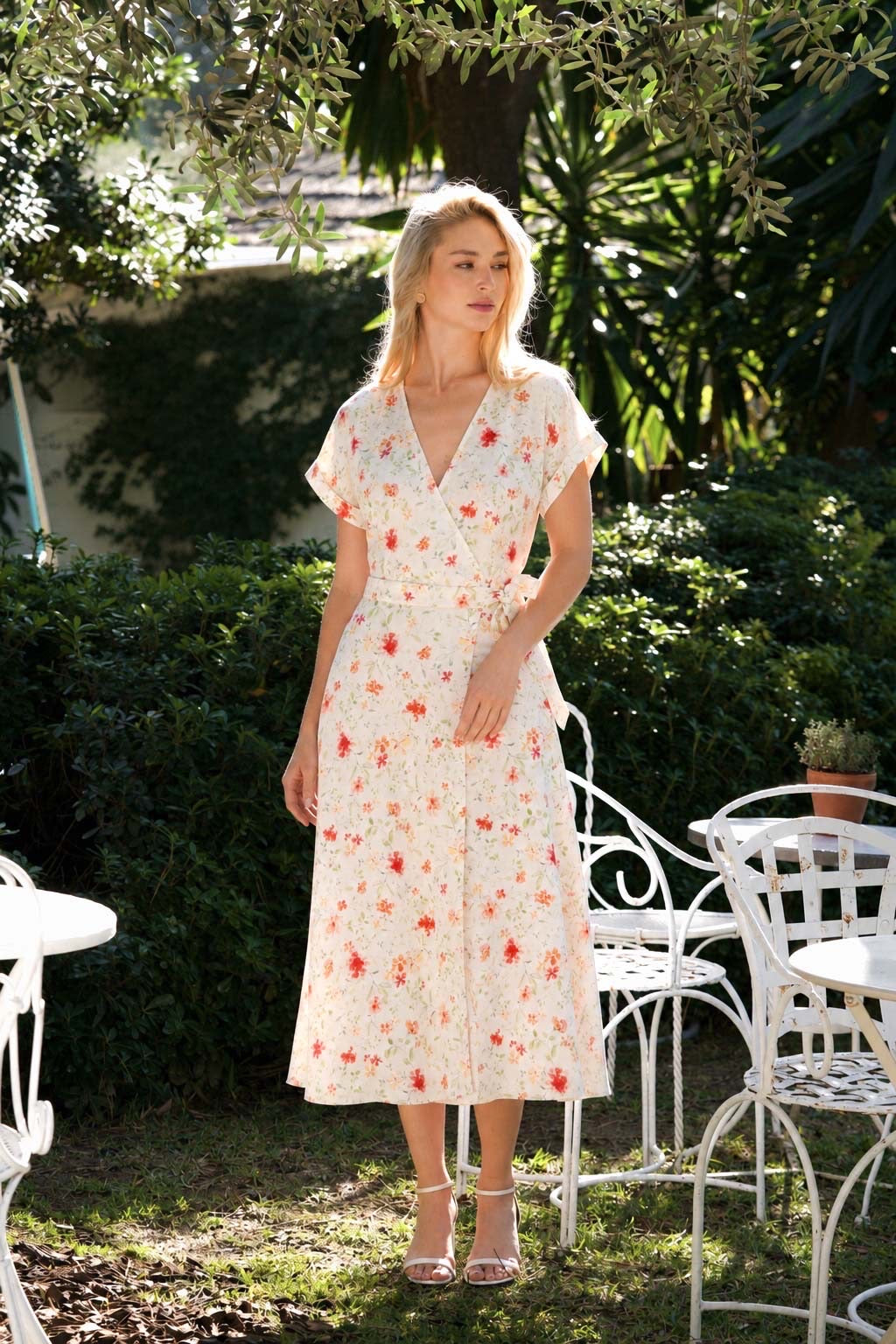 cream floral wrap dress Cream Floral Ruffle V-Neck Wrap Front Maxi Dress
